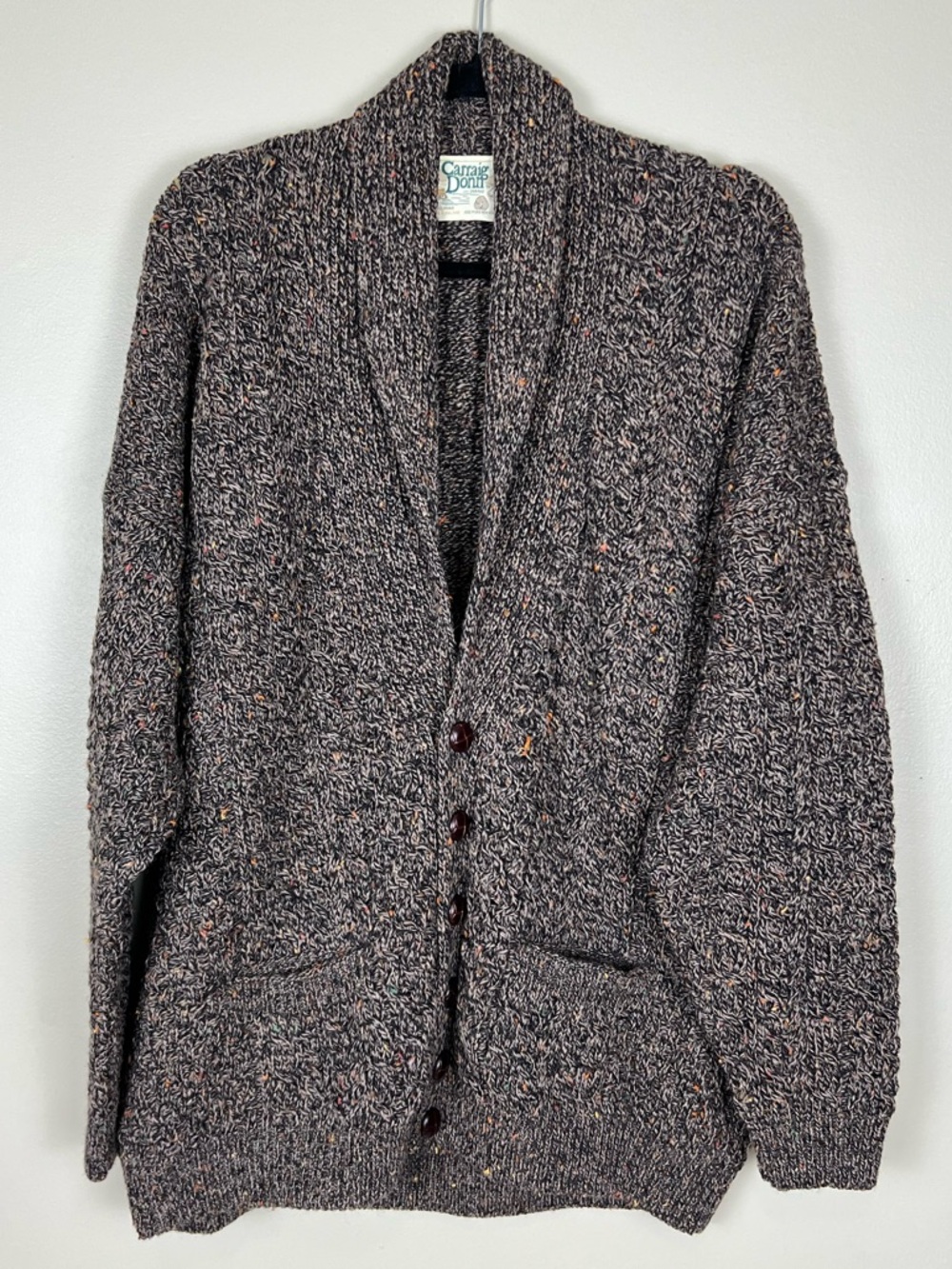 Carraig Donn Men's Shawl Collar Button-Up Cardigan Speckled Brown Wool Size XXL